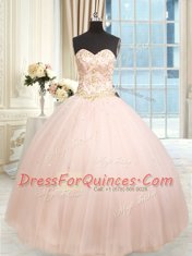 Lovely Satin and Tulle Sweetheart Sleeveless Lace Up Beading and Embroidery 15 Quinceanera Dress in Baby Pink