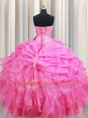 Eye-catching Rose Pink Lace Up Quince Ball Gowns Beading and Ruffles and Pick Ups Sleeveless Floor Length