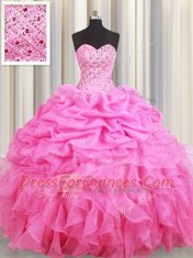 Eye-catching Rose Pink Lace Up Quince Ball Gowns Beading and Ruffles and Pick Ups Sleeveless Floor Length