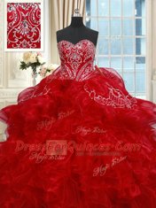Sweetheart Sleeveless Sweet 16 Dresses Floor Length Beading and Ruffles Red Organza