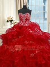 Sweetheart Sleeveless Sweet 16 Dresses Floor Length Beading and Ruffles Red Organza