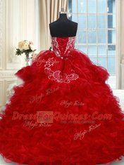 Sweetheart Sleeveless Sweet 16 Dresses Floor Length Beading and Ruffles Red Organza