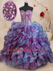 Multi-color Organza Lace Up Quinceanera Dresses Sleeveless Floor Length Ruffles and Sequins