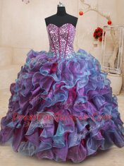 Multi-color Organza Lace Up Quinceanera Dresses Sleeveless Floor Length Ruffles and Sequins