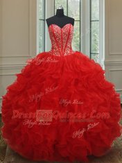 Ball Gowns 15 Quinceanera Dress Red Sweetheart Organza Sleeveless Floor Length Lace Up