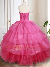 Sleeveless Organza Floor Length Lace Up Ball Gown Prom Dress in Hot Pink with Beading and Ruffled Layers