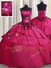 Straps Burgundy Lace Up 15th Birthday Dress Embroidery and Hand Made Flower Sleeveless Floor Length