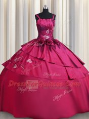 Straps Burgundy Lace Up 15th Birthday Dress Embroidery and Hand Made Flower Sleeveless Floor Length