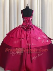 Straps Burgundy Lace Up 15th Birthday Dress Embroidery and Hand Made Flower Sleeveless Floor Length