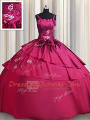 Straps Burgundy Lace Up 15th Birthday Dress Embroidery and Hand Made Flower Sleeveless Floor Length