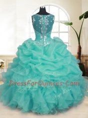 Straps Turquoise Zipper 15 Quinceanera Dress Beading and Ruffles and Pick Ups Sleeveless Floor Length