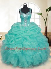 Straps Turquoise Zipper 15 Quinceanera Dress Beading and Ruffles and Pick Ups Sleeveless Floor Length