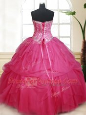 Exquisite Sequins Floor Length Hot Pink Quinceanera Gowns Sweetheart Sleeveless Lace Up