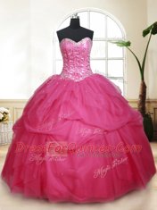 Exquisite Sequins Floor Length Hot Pink Quinceanera Gowns Sweetheart Sleeveless Lace Up