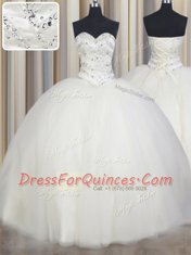 Inexpensive White Lace Up Quince Ball Gowns Beading Sleeveless Floor Length