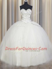 Inexpensive White Lace Up Quince Ball Gowns Beading Sleeveless Floor Length