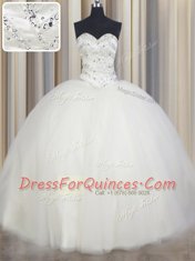 Inexpensive White Lace Up Quince Ball Gowns Beading Sleeveless Floor Length