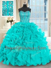Hot Sale Sleeveless With Train Beading and Ruffles Lace Up 15th Birthday Dress with Aqua Blue Brush Train
