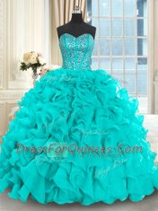 Hot Sale Sleeveless With Train Beading and Ruffles Lace Up 15th Birthday Dress with Aqua Blue Brush Train