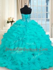 Hot Sale Sleeveless With Train Beading and Ruffles Lace Up 15th Birthday Dress with Aqua Blue Brush Train