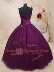 Dark Purple Tulle Lace Up 15th Birthday Dress Sleeveless Floor Length Beading