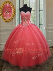 Great Sleeveless Floor Length Beading Lace Up Quinceanera Gown with Pink