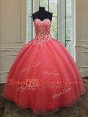 Great Sleeveless Floor Length Beading Lace Up Quinceanera Gown with Pink