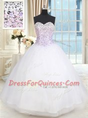 Classical White Ball Gowns Beading Quinceanera Gown Lace Up Tulle Sleeveless Floor Length