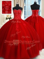 Custom Made Ball Gowns Sweet 16 Quinceanera Dress Red Sweetheart Tulle Sleeveless Floor Length Lace Up