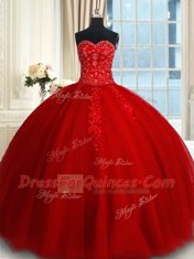 Custom Made Ball Gowns Sweet 16 Quinceanera Dress Red Sweetheart Tulle Sleeveless Floor Length Lace Up
