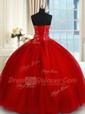 Custom Made Ball Gowns Sweet 16 Quinceanera Dress Red Sweetheart Tulle Sleeveless Floor Length Lace Up