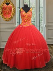Vintage Organza V-neck Sleeveless Zipper Beading and Appliques Sweet 16 Quinceanera Dress in Rust Red