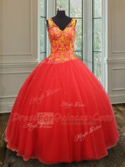 Vintage Organza V-neck Sleeveless Zipper Beading and Appliques Sweet 16 Quinceanera Dress in Rust Red