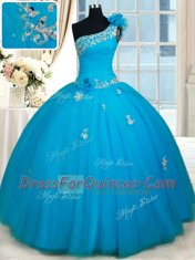 Customized One Shoulder Sleeveless Tulle Quinceanera Gown Beading and Appliques and Hand Made Flower Zipper
