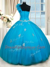 Customized One Shoulder Sleeveless Tulle Quinceanera Gown Beading and Appliques and Hand Made Flower Zipper
