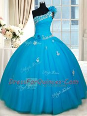 Customized One Shoulder Sleeveless Tulle Quinceanera Gown Beading and Appliques and Hand Made Flower Zipper