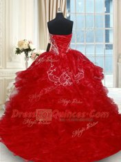 Stylish Sleeveless Brush Train Lace Up Beading and Embroidery and Ruffled Layers 15th Birthday Dress