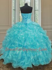 High Quality Sweetheart Sleeveless Sweet 16 Quinceanera Dress Floor Length Beading and Ruffles Aqua Blue Organza