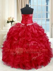 Extravagant Sweetheart Sleeveless Organza Quince Ball Gowns Beading and Ruffles Lace Up