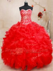 Exceptional Sweetheart Sleeveless Quince Ball Gowns Floor Length Beading and Ruffles Red Organza