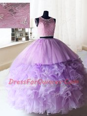 Amazing Scoop Lilac Sleeveless Beading and Ruffles Floor Length Sweet 16 Quinceanera Dress