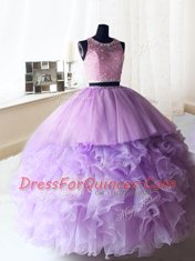 Amazing Scoop Lilac Sleeveless Beading and Ruffles Floor Length Sweet 16 Quinceanera Dress