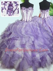 Floor Length White And Purple Vestidos de Quinceanera Organza Sleeveless Beading and Ruffles
