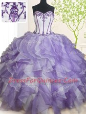 Floor Length White And Purple Vestidos de Quinceanera Organza Sleeveless Beading and Ruffles