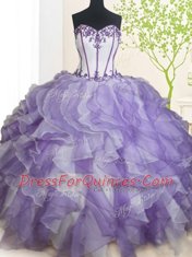 Floor Length White And Purple Vestidos de Quinceanera Organza Sleeveless Beading and Ruffles