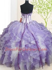 Floor Length White And Purple Vestidos de Quinceanera Organza Sleeveless Beading and Ruffles