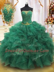 Sleeveless Organza Floor Length Lace Up Sweet 16 Dress in Dark Green with Beading and Ruffles Sleeveless Organza Floor Length Lace Up Sweet 16 Dress in Dark Green with Beading and Ruffles