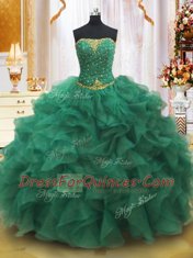 Sleeveless Organza Floor Length Lace Up Sweet 16 Dress in Dark Green with Beading and Ruffles