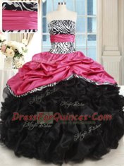 Pink And Black Ball Gowns Strapless Sleeveless Organza and Taffeta Floor Length Lace Up Beading and Ruffles 15th Birthday Dress