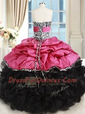 Pink And Black Ball Gowns Strapless Sleeveless Organza and Taffeta Floor Length Lace Up Beading and Ruffles 15th Birthday Dress